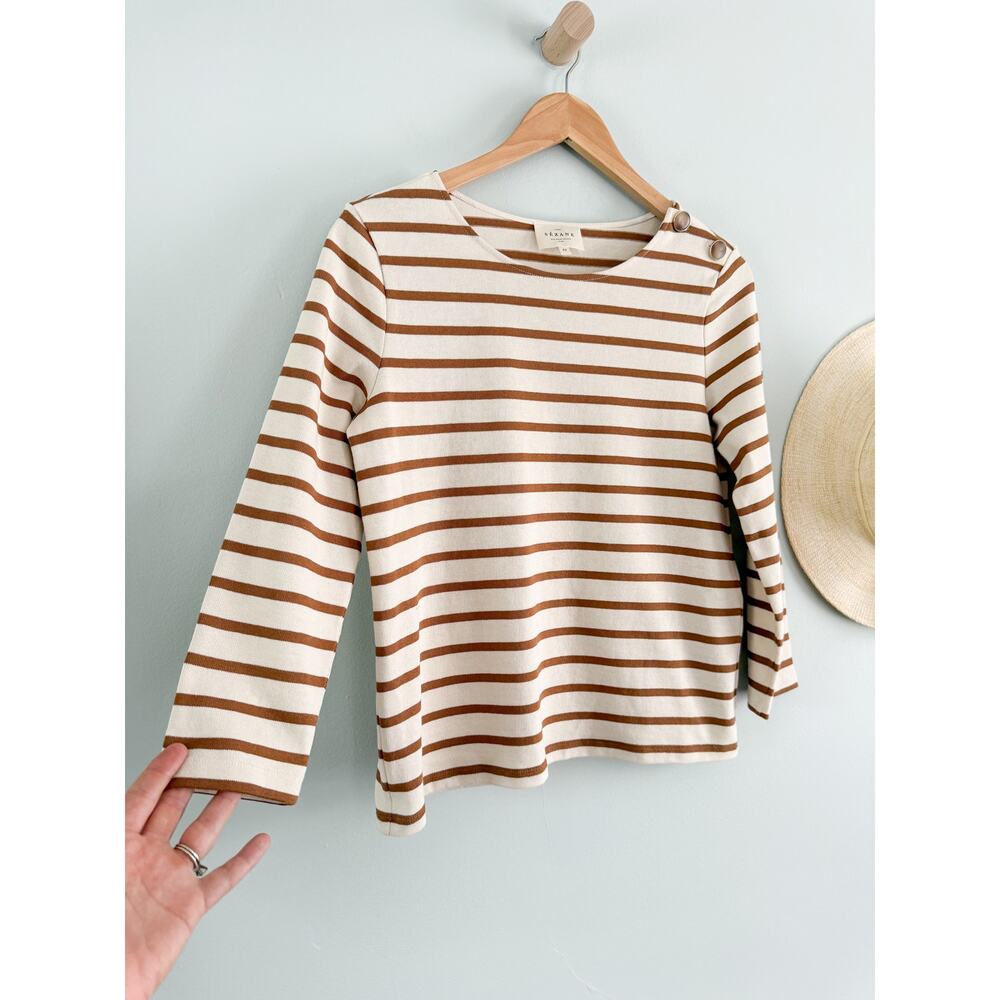 Sézane | Colette Marinière Stripe Top Ecru Camel Long Sleeve | Sz XS - Picture 3 of 8